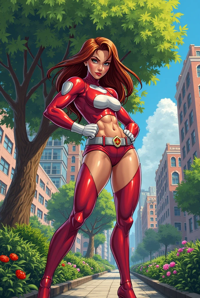 ((masterpiece)), ((best quality)), ((highres)), beautiful woman, splash art, 8K, solo, superhero, bare legs, (tight red and blue leotard: 1), hands on hip, city backdrop, matching knee boots, (perfect hands: 1), sparkling, light particles, medium hair, red hair, green eyes