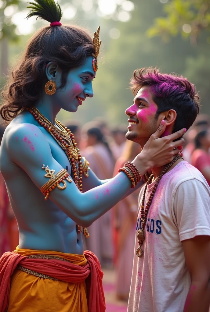 create a high quality realistic image, lord Krishna and a teenage boy are playing holi with each other, boy is wearing coloured white t-shirt on which his name “SAGAR” is written boldly on top, both are smiling, environment is colourful, background is of temple, image should ultra clear, hyper realistic, 4k.