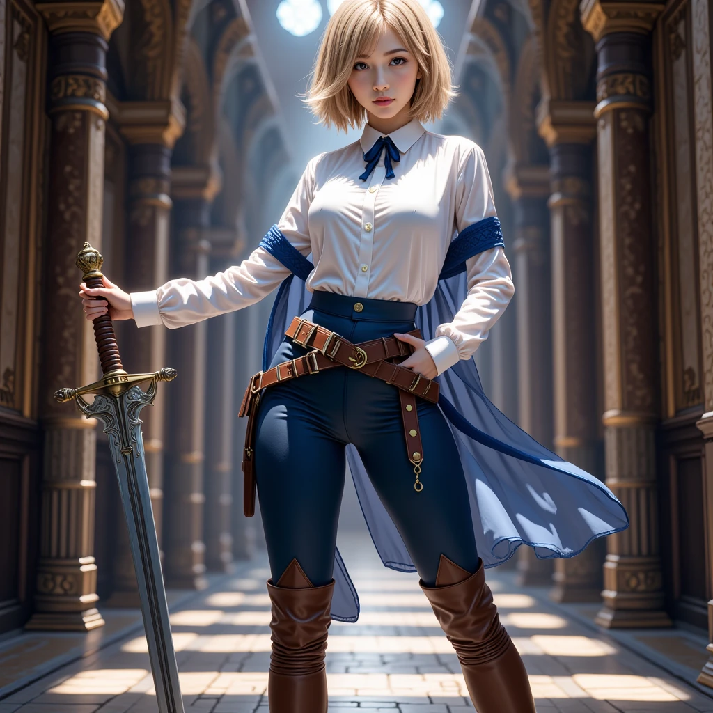 masterpiece, high res, detailed face, detailed eyes, 1 girl, solo, from behind, angry, blonde, hair covering one eye, medium hair, green eyes eyes visible under hair, blue dress, black tighs, boots, white cape, cowboy shot, waking full body, cowboy shot, indoors, fantasy ruins, dungeon <lora:Elza2:0.8>