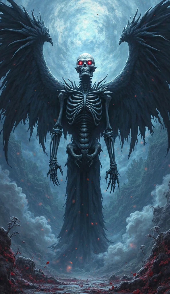 create a fallen angel with the appearance of a skull, with whole wings