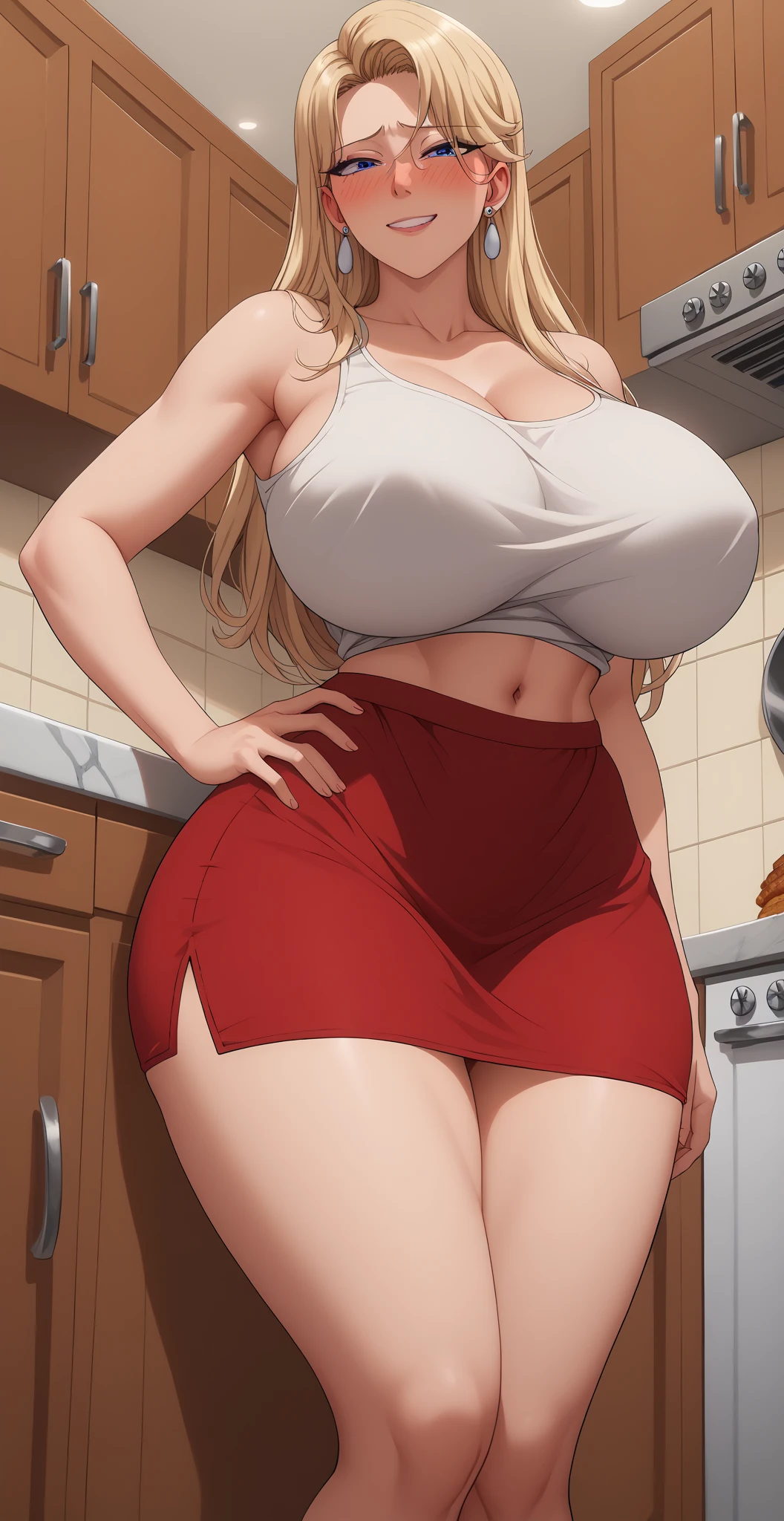 , 
最Alta calidad, masterpiece, very detailed, Alta calidad, high resolution garments, a girl, mature woman, blonde, blue eyes, earrings,  beautiful,  beautiful and perfect face,  , embarrassed, blush lines,   smile, Look at your audience, A full front view of the body, white shirt,   OF THE SIMPSONS FOR WOMEN, tight clothing,  Wearing a red skirt ,  collarbone,  shoulders,  legs, giant , Very giant ,  navel, thick things, wide ,  big , curvy body, to throw,  close, from the front,  Whole body,  of foot, 's kitchen in the kitchen