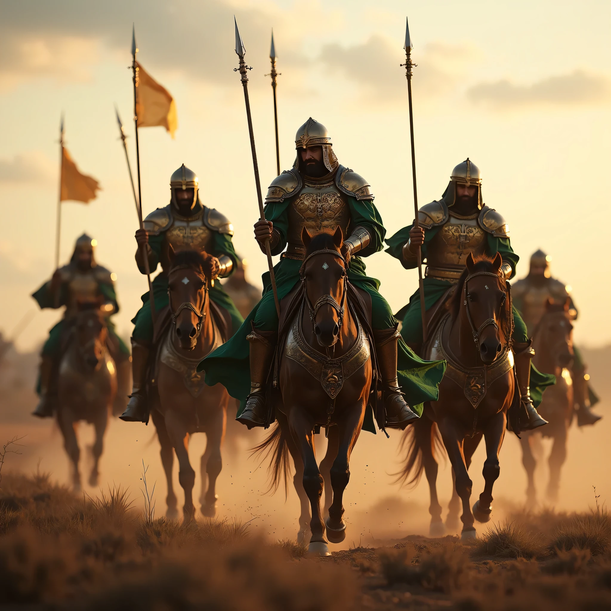 **Prompt:** Create an immersive hyper-realistic panoramic wide-angle image that draws viewers into the heart of medieval islamic arabic, emphasizing a carefully balanced composition. In the foreground, depict a courageous unit of arabic Mujahideen cavalry knights, each intricately designed and poised on their majestic horses, embodying the spirit of brotherhood. Clad in authentic, gleaming armor, these gallant knights wear chainmail and their signature green robes, adorned with striking crescent symbols that shimmer in the soft glow of dusk. As they charge forward, each knight wields a lance spear in one hand while holding a sphere shield in the other, demonstrating their readiness for the challenges ahead. Focus on the minute details of their armor and the flowing fabric of their robes, while capturing the advanced UHD ambiance that brings the scene's light and shadow to life. The image should convey a palpable sense of urgency and anticipation, accentuating the powerful movement of the cavalry. Pay particular attention to the fine details of their hands, ensuring the realism of their grip on their weapons is striking. Aim to achieve a standard reminiscent of award-winning documentary photography, similar to the works featured in National Geographic, ArtStation, and DeviantArt. This artwork should resonate with historical accuracy, celebrating the enduring essence of the medieval era without any elements of violence or negativity. ALLAHUAKBAR!
