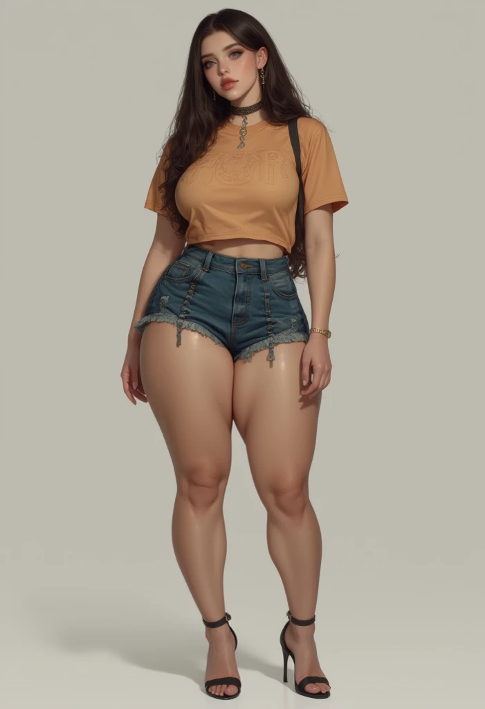 Masterpiece, maximum quality, ultra high resolution, 8k, Korean girl (extremely beautiful), white hair, full body, thin, detailed face, detailed eyes, mischievous smile, wide hips, thick thighs, smooth and soft pellet, wearing micro shorts and micro tank top