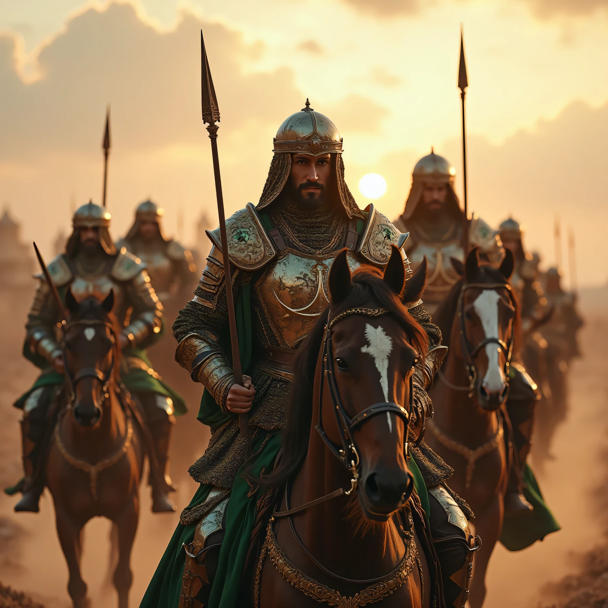 **Prompt:** Create an immersive hyper-realistic panoramic wide-angle image that draws viewers into the heart of medieval islamic arabic, emphasizing a carefully balanced composition. In the foreground, depict a courageous unit of arabic Mujahideen cavalry knights, each intricately designed and poised on their majestic horses, embodying the spirit of brotherhood. Clad in authentic, gleaming armor, these gallant knights wear chainmail and their signature green robes, adorned with striking  crescent symbols that shimmer in the soft glow of dusk. As they charge forward, each knight wields a lance spear in one hand while holding a sphere shield in the other, demonstrating their readiness for the challenges ahead. Focus on the minute details of their armor and the flowing fabric of their robes, while capturing the advanced UHD ambiance that brings the scene's light and shadow to life. The image should convey a palpable sense of urgency and anticipation, accentuating the powerful movement of the cavalry. Pay particular attention to the fine details of their hands, ensuring the realism of their grip on their weapons is striking. Aim to achieve a standard reminiscent of award-winning documentary photography, similar to the works featured in National Geographic, ArtStation, and DeviantArt. This artwork should resonate with historical accuracy, celebrating the enduring essence of the medieval era without any elements of violence or negativity. ALLAHUAKBAR!