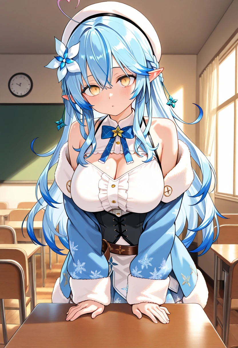 Cute naughty priestess, Pastel colors hair, large breasts, Thighs, (silver hair), blue hair, long hair, (frown, pouted:1,2, blush:1.2), half updo, double bun, (naked:1.3), at the adventurer's guild, A bulletin board with posted paper