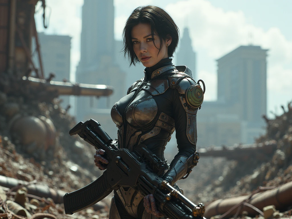 Highly detailed, UHD frame from the epic Fallout universe depicting the charismatic brunette beauty clad in her iconic Mark 2 armor. Convey the danger emanating from her gripped Desert Eagle, .44 caliber pistol, aimed upwards. Capture the enigmatic bad smile that's playing on her face. Set against the backdrop, a crumpled billboard highlighting the illustration of Pip Boy must, 32k, ultra-clear, digital render, High Resolution, High Quality, Masterpiece