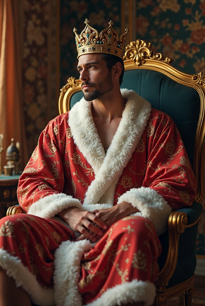 A sexy but inocent looking (man ) sitting on a throne, wearing a red and black night gown , intricate designs ,mediaeval period, gorgeous face, looking at me seductively, crisp and clear photo, nsfw, homoerotic , posing , homoerotic nsfw , penis