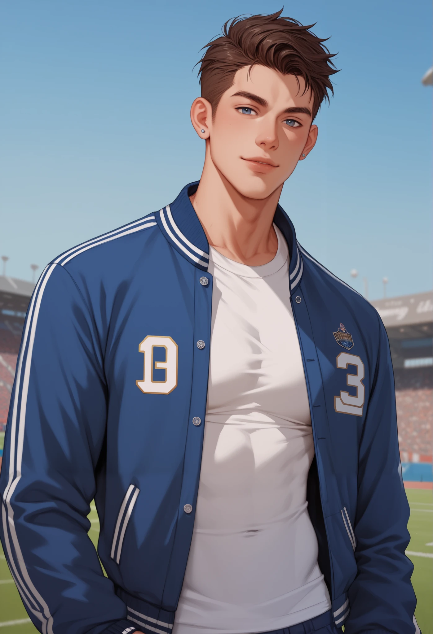 A handsome athletic build man in his 20s, he is in a letterman jacket. He is looking at the viewer. The background is an urban football field. confident pose.