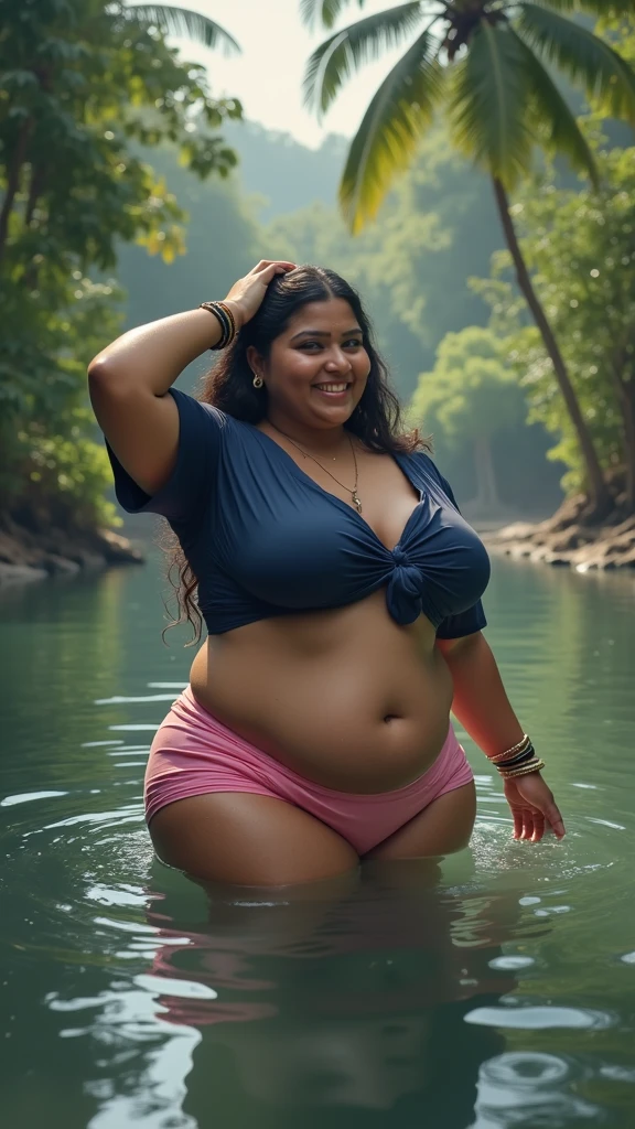 Indian cute girl 30 years old marriage life like, high - resolution women with a perfect figure Super fine face and eyes, slong hair, small Tank top red Colour bikini, Wearing a traditional saree, bulky figure, huge big extra large and full chubby body, looking front, fair complexion, pond backgrounds. Hung breast, Plus size model, 4k, 8k,