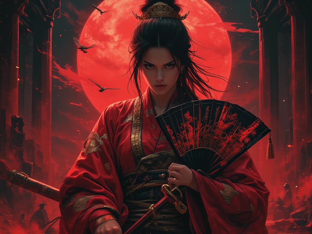 official art, unity 8k wallpaper, ultra detailed, beautiful and aesthetic, beautiful, masterpiece, best quality, dynamic angle, cowboy shot, the most beautiful form of chaos, elegant, a brutalist designed, vivid, romanticism, atmospheric, red and black kimono, cleavage, flaming background, dark background, abstract background, samurai