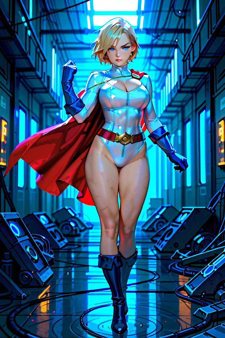 uma pintura digital da supergirl de cabelos longos, arte cyberpunk de Josan Gonzalez, vencedora do concurso behance, afrofuturismo, synthwave, neon, neon brilhante ,coxas grossas, cintura fina, sensual, nsfw, pouca roupa, erotic art, anime, roupas rasgada de batalha, extremamente sexualizada, corpo suado, NSFW, desfrutando a nudez total de seu corpo molhado