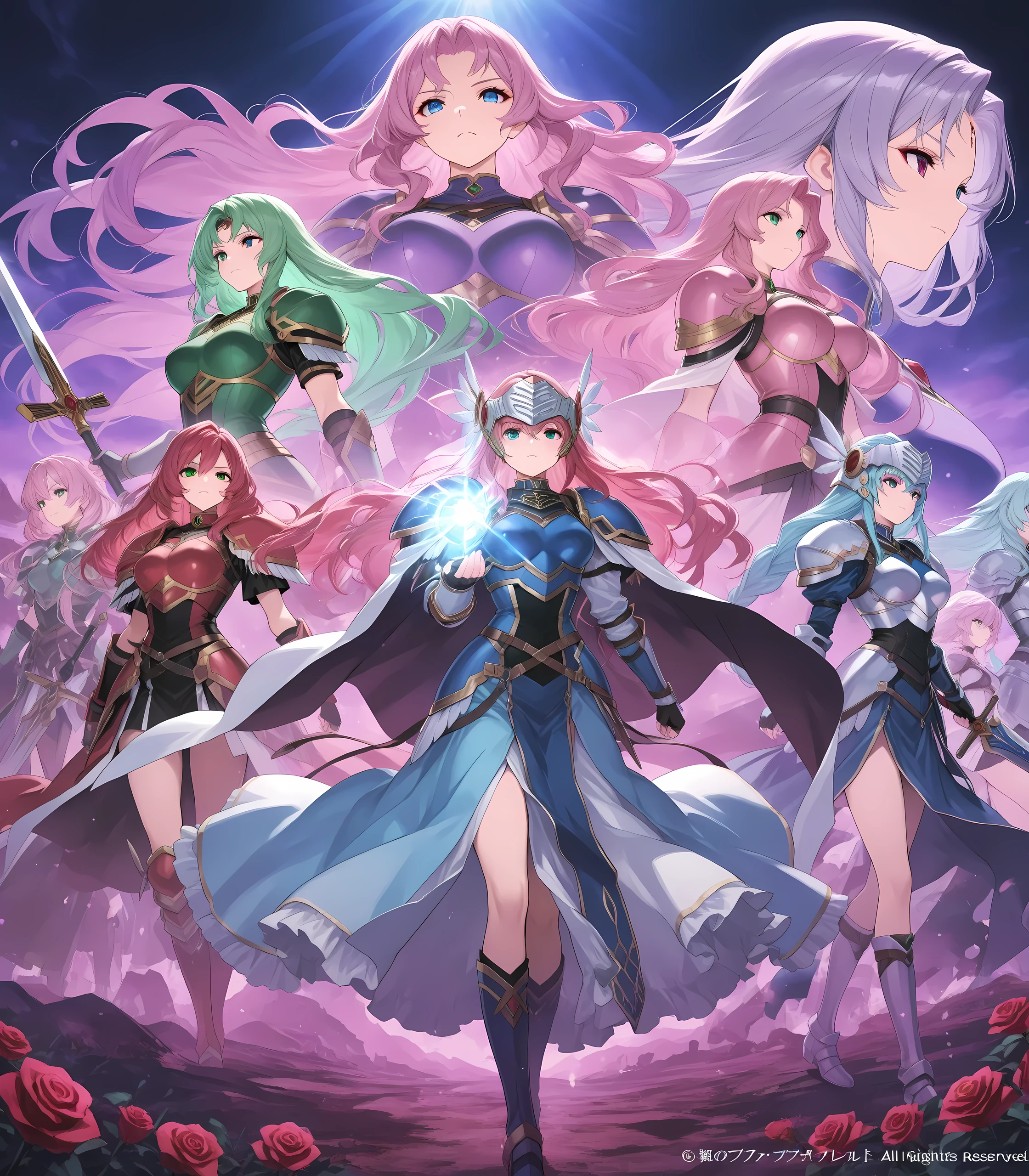 5girls, a group of 5 anime warrior girls valkyries, Valkyrie Profile,large cape, wasteland, Wearing a soft armor,big large bosom (inside armor's breastplate), broadsword on her hand,serious, curvy body, milf's hips, They're cavalry (but rides a wolf), riding a giant wolf (they're riding giant wolves), Wearing valkyrie's helmet+pads+breastplate+cape+belt+very long skirt+boots, sunlight, Their armors And hair ARE of different colors (Their armors colors are: Red, silvery, Blue, Purple, Violet, crimson, rose pink And Green), masterpiece, she have an extremely long lenght pink hair (the other Valkyrie's Have different hairstyles And Hair's colors. Their hair colors are: blue, black, purple, green, violet, blondie, silvery green, and red), best quality, amazing quality, detailed background, intricate details