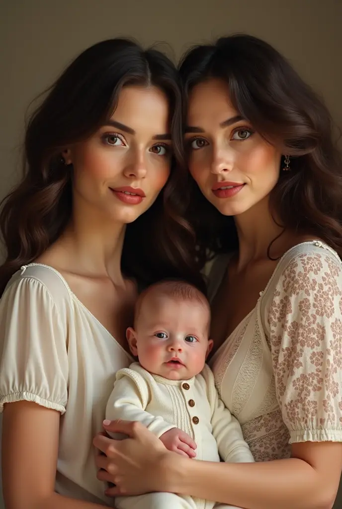 two women one dark brown, wavy to the shoulders, the other dark brown with curly hair put long with a baby who looks like us left woman - has a middle parting -cherry lip - dark brown hair *right woman Skin a little lighter Beauty spot under my lower lip on the right and also above my cheek