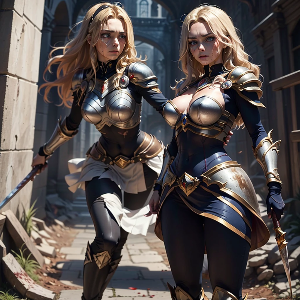 ((Full body photo, standing, feet on the ground)) 3 girls, Kiernan shipka, long white hair, in Shao Kahn outfit from mortal kombat, full body, provocative pose, cinematic, intricate details, ray tracing, hell background, knee-high gladiator sandals