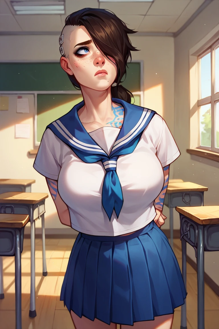 score_9, score_8_up, score_7_up, BREAK, 1girl, solo, large breasts, angelbl, tattoo, freckles, makeup, hair over one eye, asymmetrical hair, ponytail, skirt, serafuku, indoors, classroom, arms behind back,