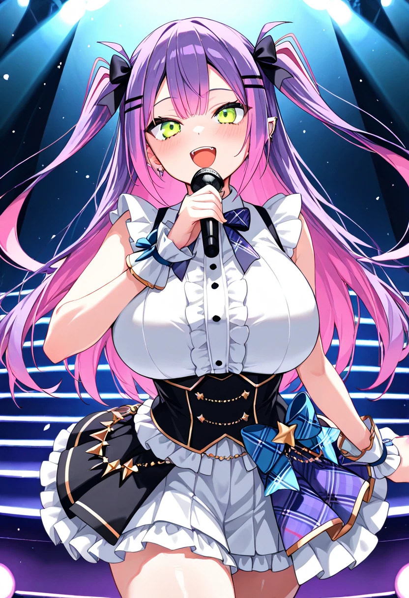 todoshizuko, purple hair, ponytail, hair ribbon, long hair, blue eyes, makeup, , large breasts,, Live Stage, solo nipple