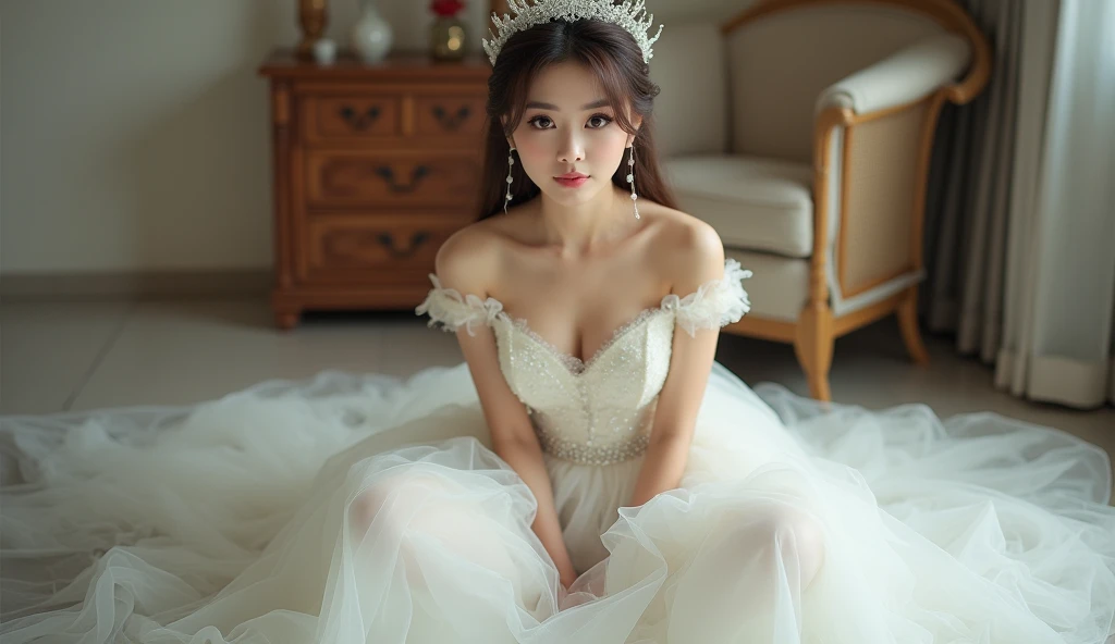 Minimalist style an asian woman wearing a tiara poses for a photo wearing a pearl dress<lora:chiefilomeno:1> . Simple, clean, uncluttered, modern, elegant