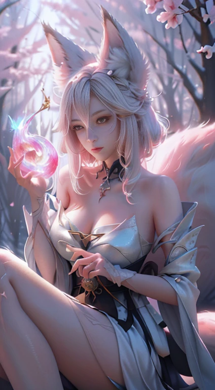 send，tmasterpiece，beautifuldetails，Extremely colorful，Exquisite details，Delicate lips，The details are complex，Realiy，Ultra photo realsisim，A girl and a white-haired fox sit on a branch：1.1，Raised sexy，seductiv，ethereal fox，nine tail fox，Fox three-tailed fox，Onmyoji detailed art，Nine tails，A beautiful artwork illustration，mythological creatures，red fox，Beautiful digital artwork，Exquisite digital illustration，mizutsune , Inspired by the mythical creature wildnet，Digital art on Pixiv，strong lights，hight contrast，Horror movie theme，Dark atmosphere