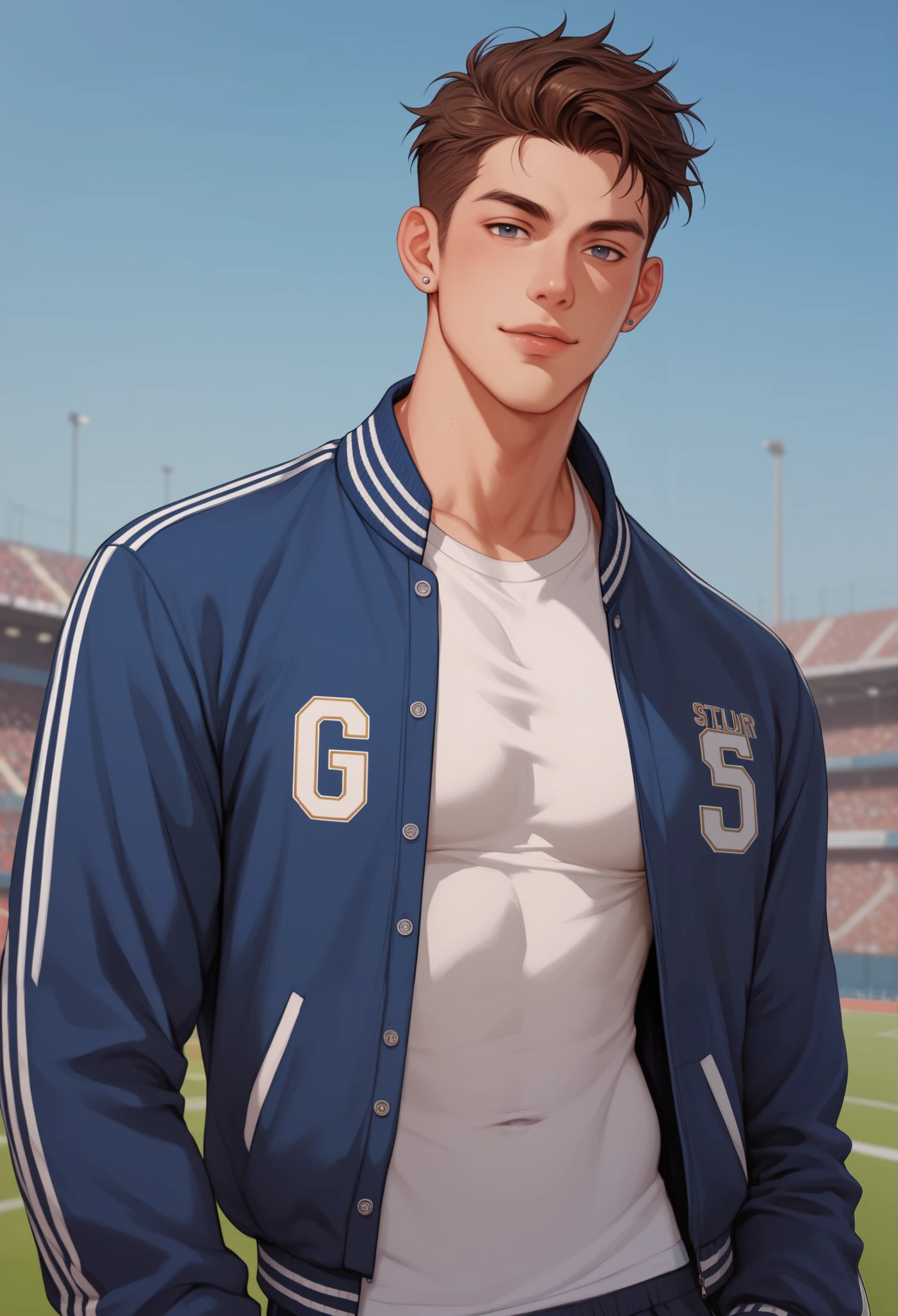 A handsome athletic build man in his 20s, he is in a letterman jacket. He is looking at the viewer. The background is an urban football field. confident pose.