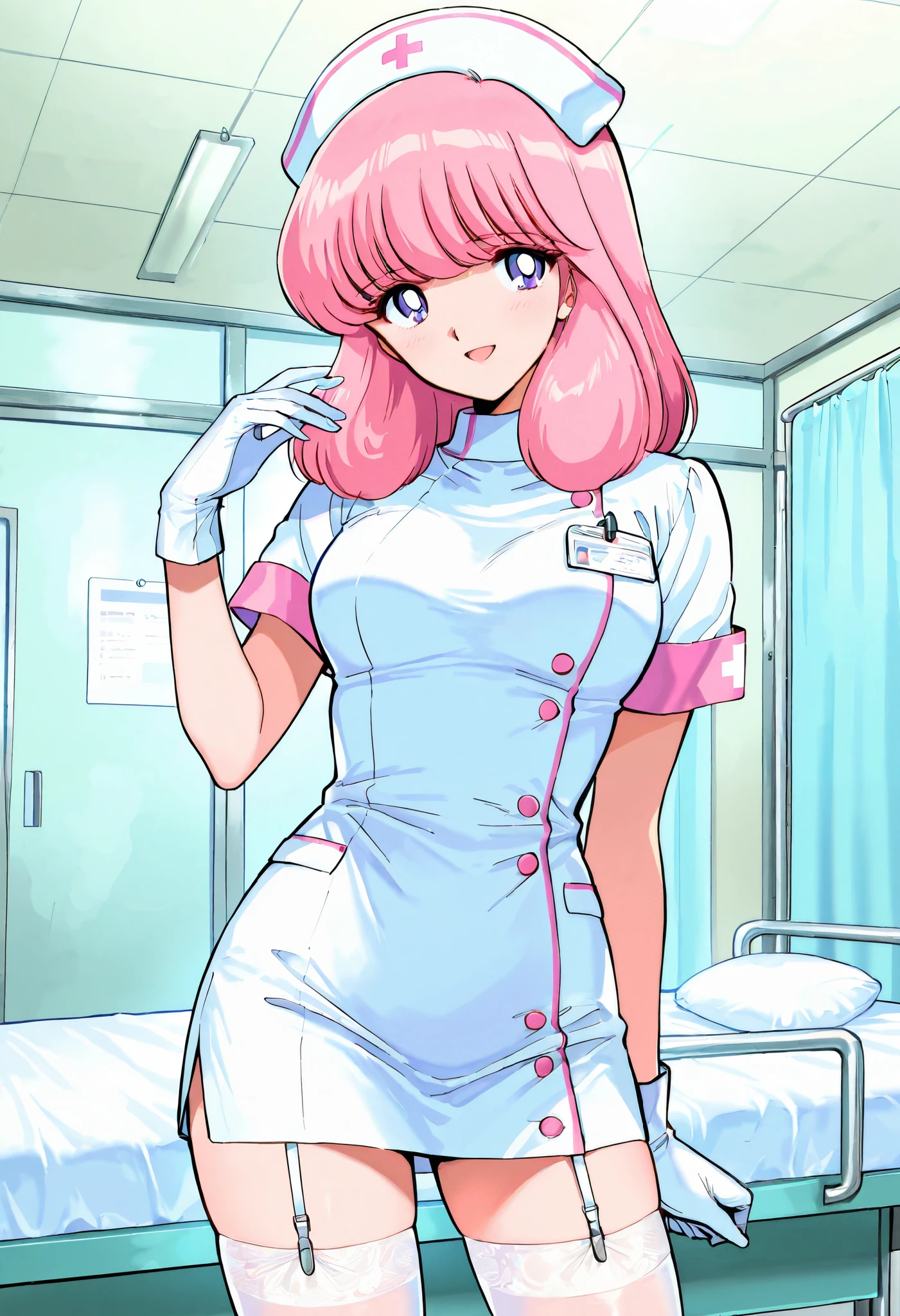 Score_9, score_8_up, score_7_up, source_anime, nakajima_noriko, solo, medium hair, pink hair, purple eyes, (best quality), (high quality), {masterpiece}, extremely delicate and beautiful, ultra-detailed, beautiful detailed eyes, nurse, nurse hat, ((white nurse's outfit)), white gloves, white thighhighs, hospital room, smile, open mouth, standing