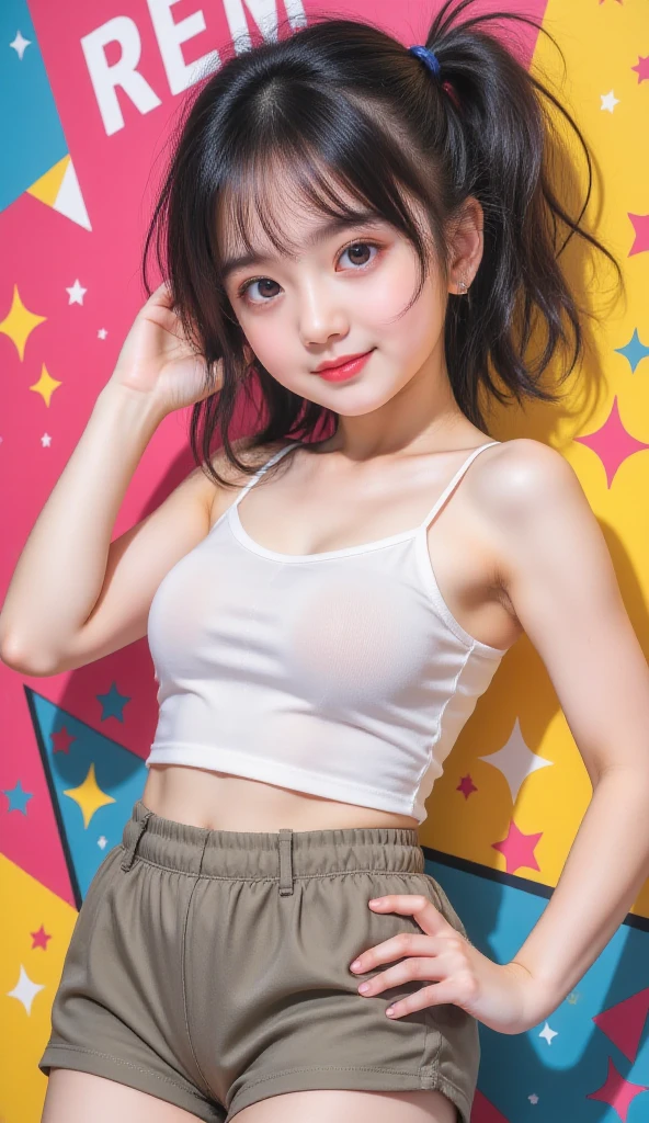 Honor student, ((A middle school girl dancing K-POP dance at a school recital)), (((shaking their hips while crouching))), A strong wind blows from below,showing off their crotches, ((White up crop top shirt with transparent bra,Miniskirt blown up by the wind)),((show off panties ,bra sticks out)),face of about 10 years old, short hair, cleavage, gyaru make, whole body, (8K, raw photo, highest quality, Masterpiece: 1.2), Super detail, Super high resolution, (realism, realistic photo: 1.37), portrait, thighs