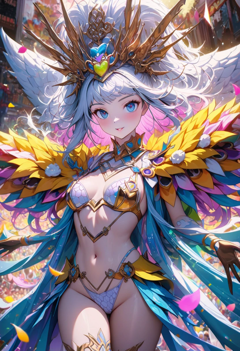 Female, I am a beautiful creature, clad in butterfly wings. They are colorful and stunning, with a halo made out of rainbows. I have white, long hair, twin ponytails, and rainbow eyes. My skin is pale white, like milk. I am curvy, yet soft in appearance. My nails, are a rainbow-like hue, and I often wear bracelets and anklets matching my wings' colors.