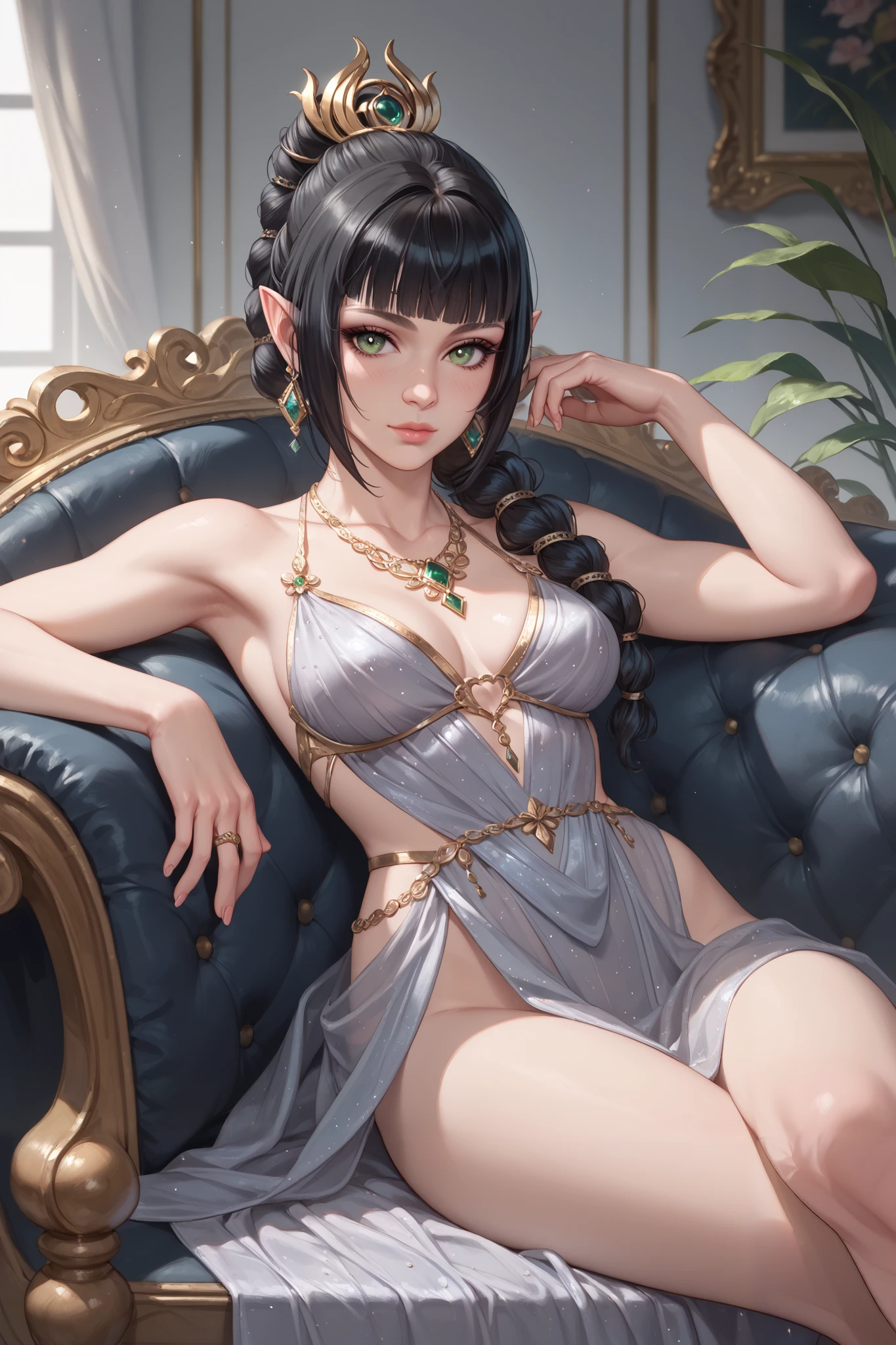 score_9, score_8_up, score_7_up, score_6_up
BGShadowH, 1girl, braided ponytail, pointy ears, green eyes, black hair, blunt bangs, looking at viewer, reclining on a vintage chaise lounge, one arm draped over the back, elegant ballroom with crystal chandeliers, soft ambient lighting, luxurious and sophisticated setting