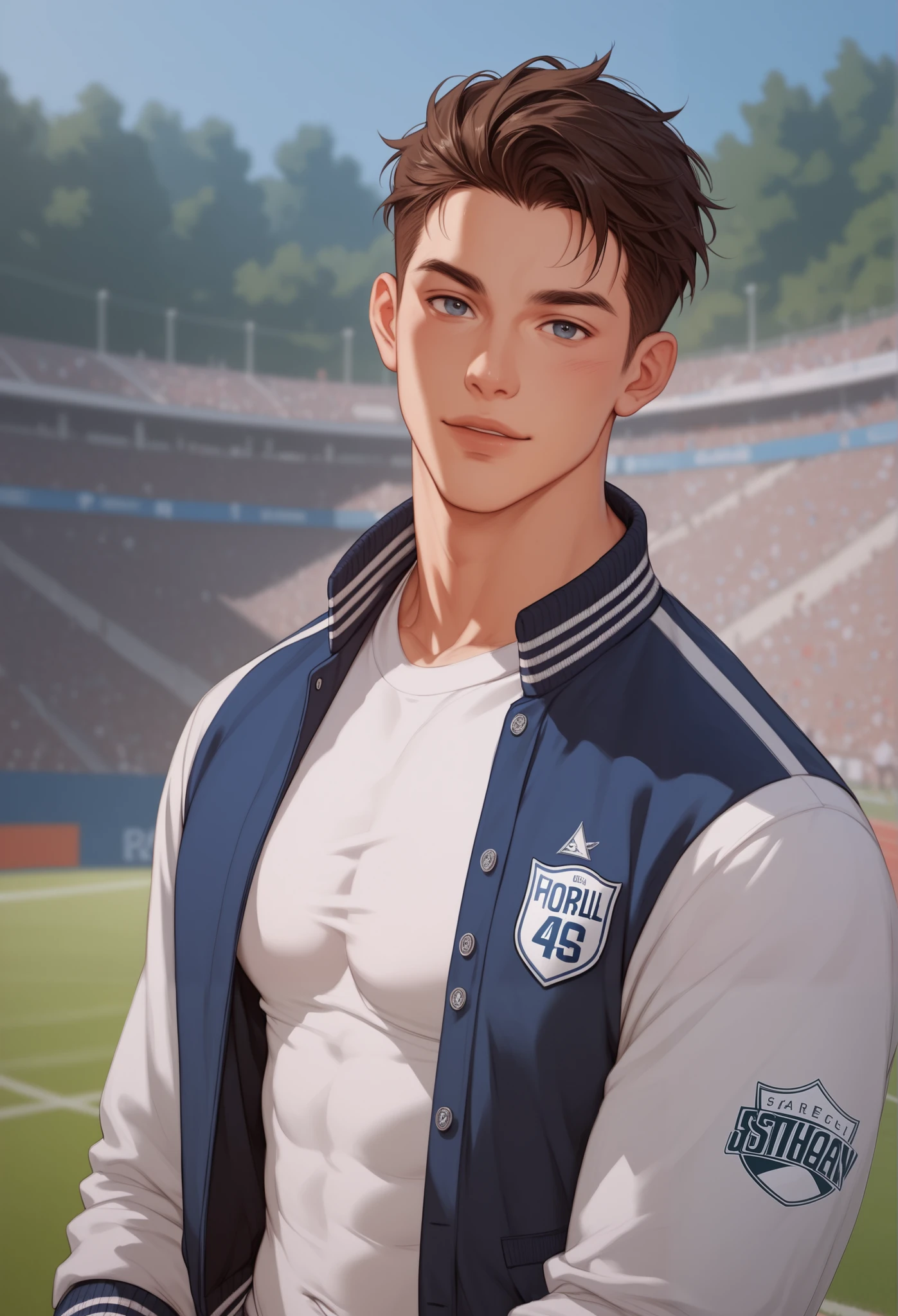 A handsome athletic build man in his 20s, he is in a letterman jacket. He is looking at the viewer. The background is an urban football field. confident pose.