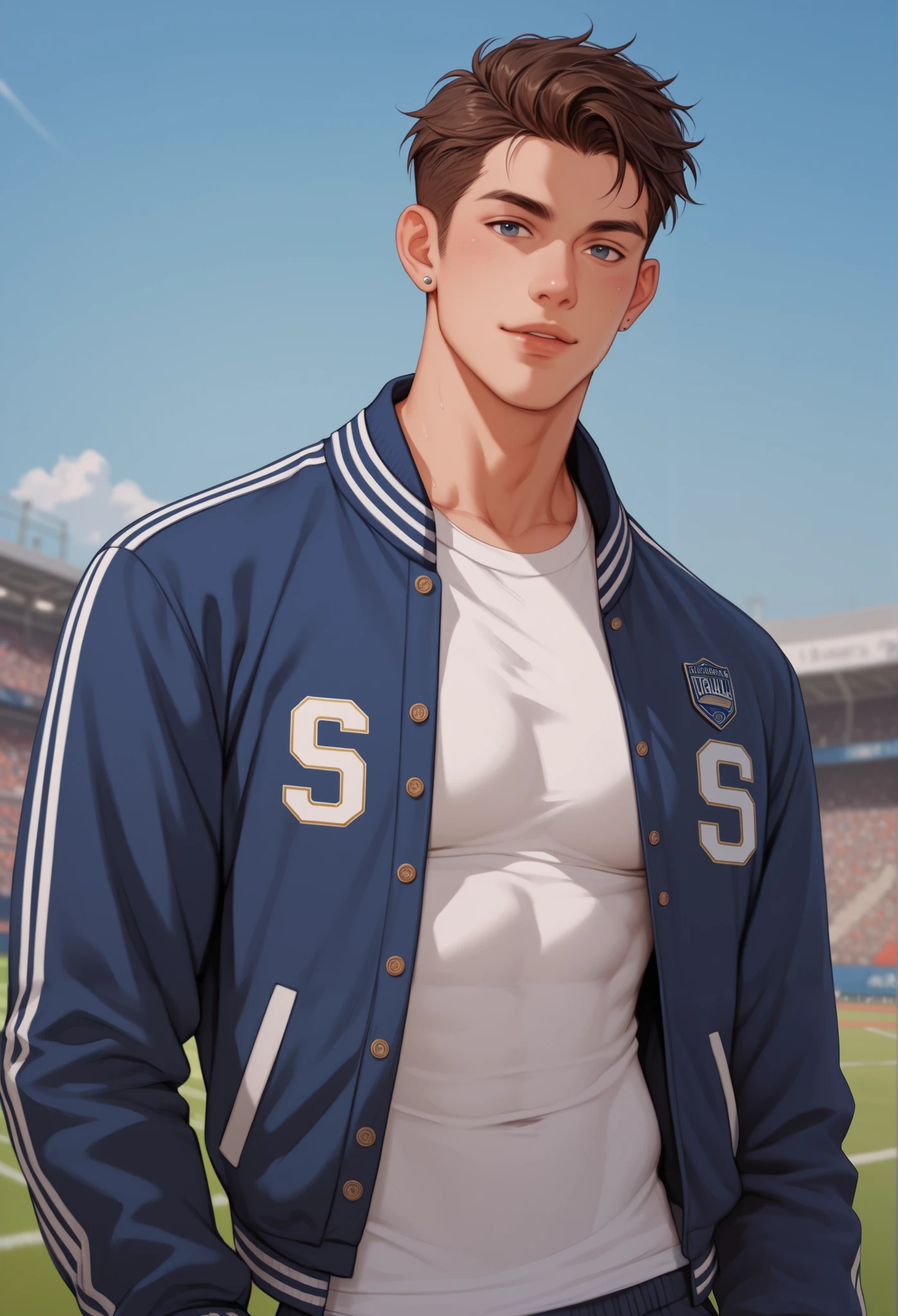 A handsome athletic build man in his 20s, he is in a letterman jacket. He is looking at the viewer. The background is an urban football field. confident pose.
