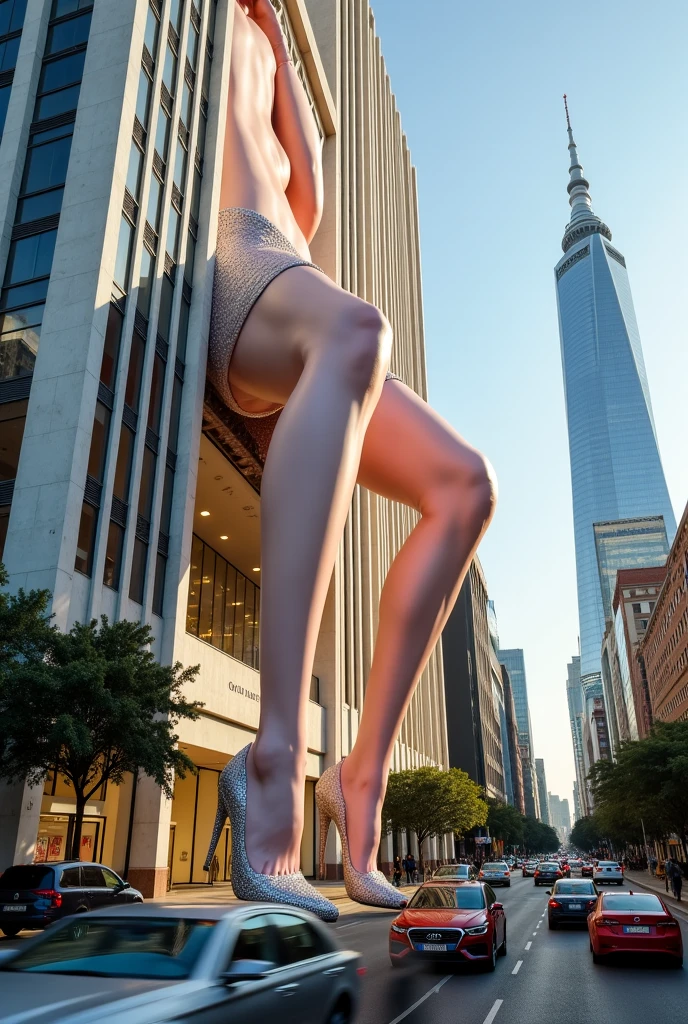High resolution, Photorealistic, RAW Photos, Professional Lighting, Very detailed, Written boundary depth,Pale plain background, ((A beautiful woman, 5 meters tall and with broad hips)), ((18-year-old)), Sexy Woman, Detailed face, Beautiful Eyes, bangs, Shapely large breasts, Light brown straight hair, Faint lips, ((Standing in the street, an old man about her height looks surprised.)), Serious face eyes,((Shiny white one piece swimsuit)), ((full body)),Shoes with white pumps,Beige pantyhose, ((The crowd is gathering ))