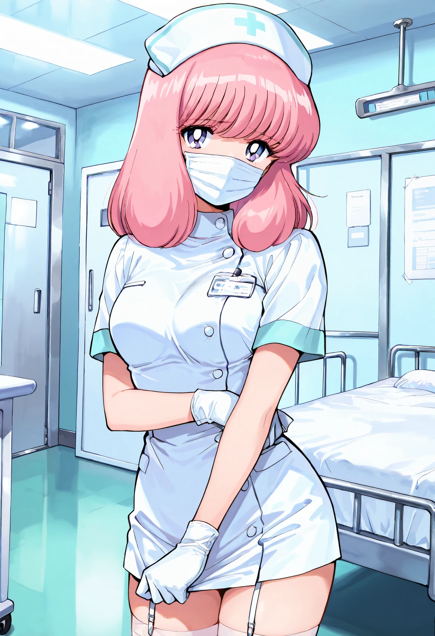 Score_9, score_8_up, score_7_up, source_anime, nakajima_noriko, solo, medium hair, pink hair, purple eyes, (best quality), (high quality), {masterpiece}, extremely delicate and beautiful, ultra-detailed, beautiful detailed eyes, nurse, nurse hat, ((white nurse's outfit)), white gloves, white thighhighs, hospital room, ((white surgical mask, covered nose)), standing