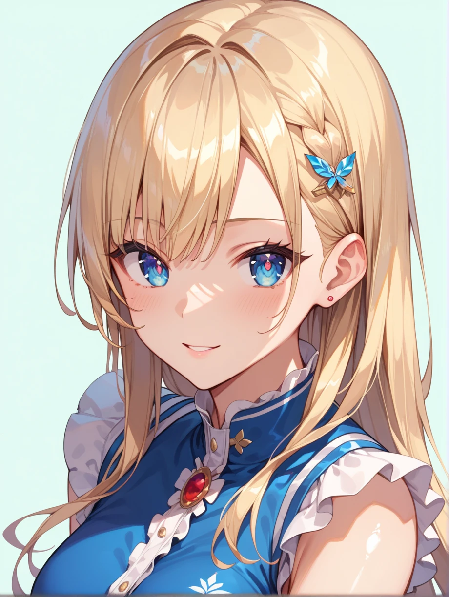 best quality, masterpiece, highres, solo, {jean_genshin:1.15}, blonde_hair, blue_eyes, bangs, ponytail, long_hair, sidelocks, breasts, hair_between_eyes, bow, hair_bow, blush, large_breasts, 1girl, bare_shoulders, closed_mouth, looking_at_viewer, shirt, simple_background, sleeveless, official_alternate_costume, portrait, arm_up, detached_sleeves, grey_background, smile
