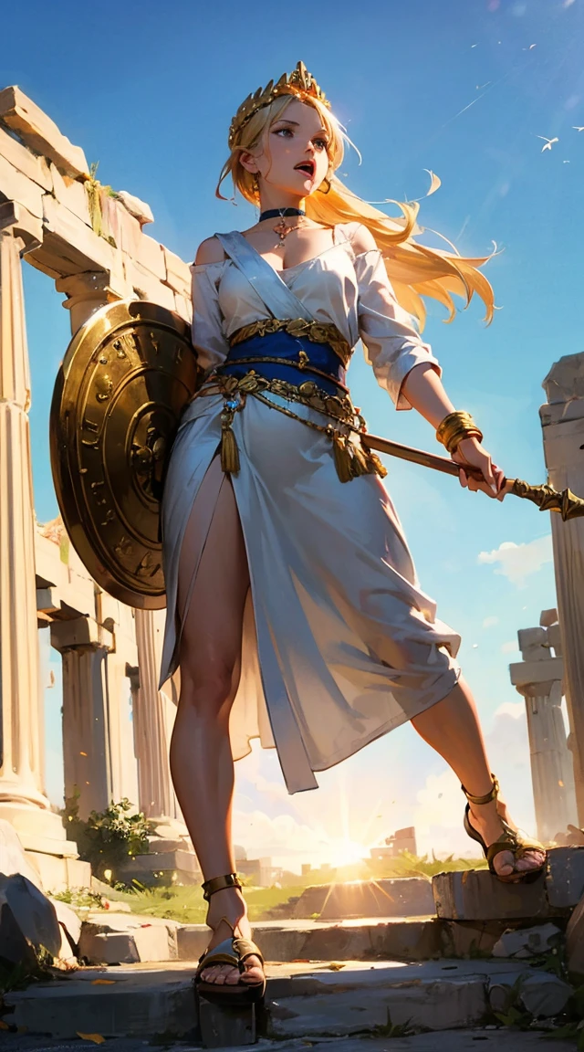 A legendary and beautiful Viking warrior carries an impressive axe and a large round shield. She is in an outdoor temple on a clear, windy day. She is very beautiful, somewhat muscular, wearing runic tattoos all over her body.