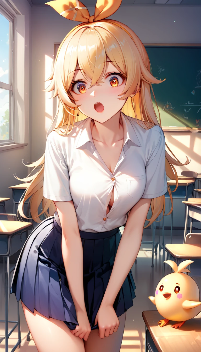 (grabbing another's breasts, disembodied limb, (grabbing from behind:1.1)), One girl, highest quality, Super detailed, masterpiece, Ultra-high resolution, 8k, Ridiculous, Cowboy Shooting, Focus on the girl, Embarrassing, blush, Lovely, Close one eye, With tears in her eyes and her mouth open, What saliva leaves behind, (Sticky panties), Bulging of the vibrator cord, Vibrator with Garters, cleavage, Classroom Background, The skirt is accidentally exposed,medium breasts, Accidentally exposed panties