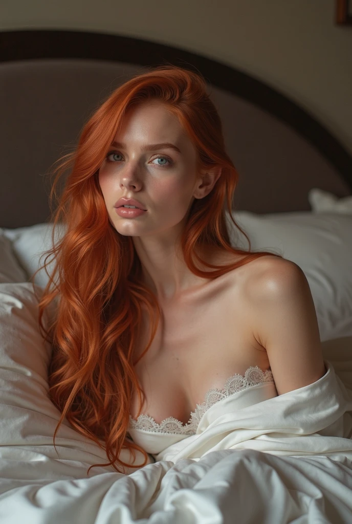 (best qualityer,realisitic,high resolution:1.2), beautiful redhead, hotel bedroom, soft light of golden hour, picturesque mountain scenery, optimal exposure,and enhancing natural beauty, realistic photo, porn girl, naked