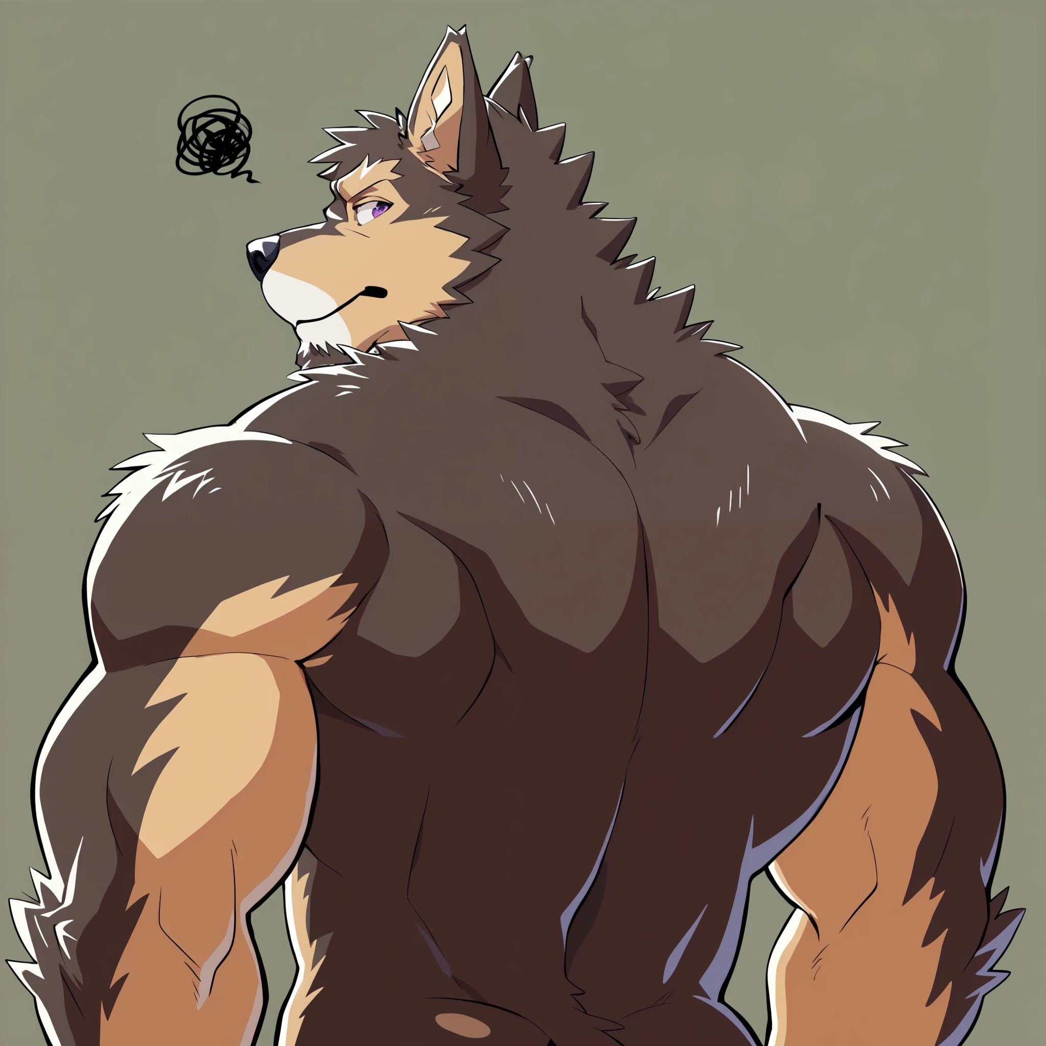 Scribble    German Shepherd face,Pubraseer(  German Shepherd),(nude:1.3), Muscular , brown fur ，（ artist :Takemoto Arashi），（ buttock bulges:1.3） ，purple eyes，butt，(Back view:1.3)，Smile
