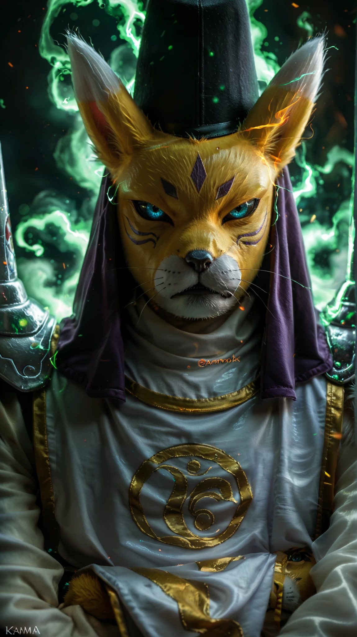 score_9, score_8_up, source_anime, flat color, taomon, furry, yellow fur, solo, 1boy, blue eyes, black sclera, serious, hat, tabard, shoulder armor, aura, glow, energy, face closeup, straight on