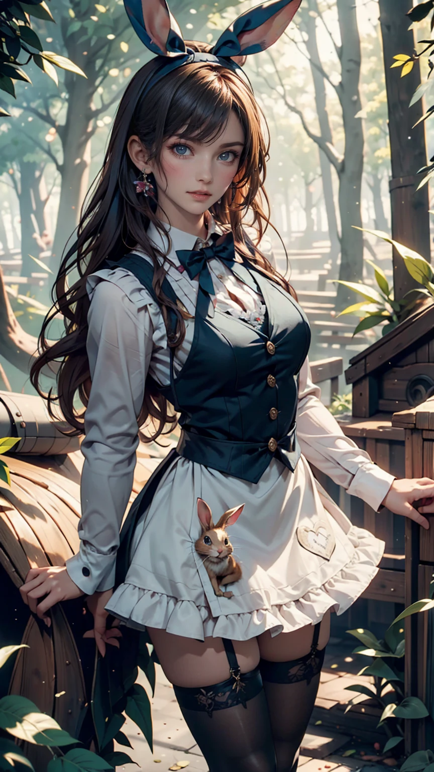 Alice in Wonderland、Wear a blue apron dress、Blonde、long hair、Hair becomes wavy、Put a big ribbon on your head、Chasing a tuxedo-wearing rabbit on two legs