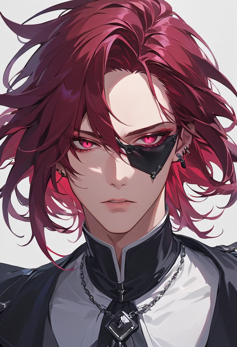A highly detailed, ultra-HD anime-style illustration of a male bounty hunter character. His hair is depicted with silky highlights and vivid texture, each strand flowing intricately and realistically. His hair is a deep black with subtle crimson undertones, enhancing his intense and mysterious aura. He wears a sleek black eye patch over one eye, adding to his enigmatic presence. His visible eye glows with a piercing red hue, making it striking and unforgettable. His facial features include high cheekbones, a defined jawline, and slightly parted lips, creating a delicate yet sharp expression. His presence exudes an elegant yet melancholic aura, blending refinement with an air of mystery. The lighting accentuates his detailed features, adding depth and realism. The background is dark and moody, evoking the atmosphere of a crime-ridden city at night. The character's gaze is intense, as if caught in a moment of contemplation or decision.