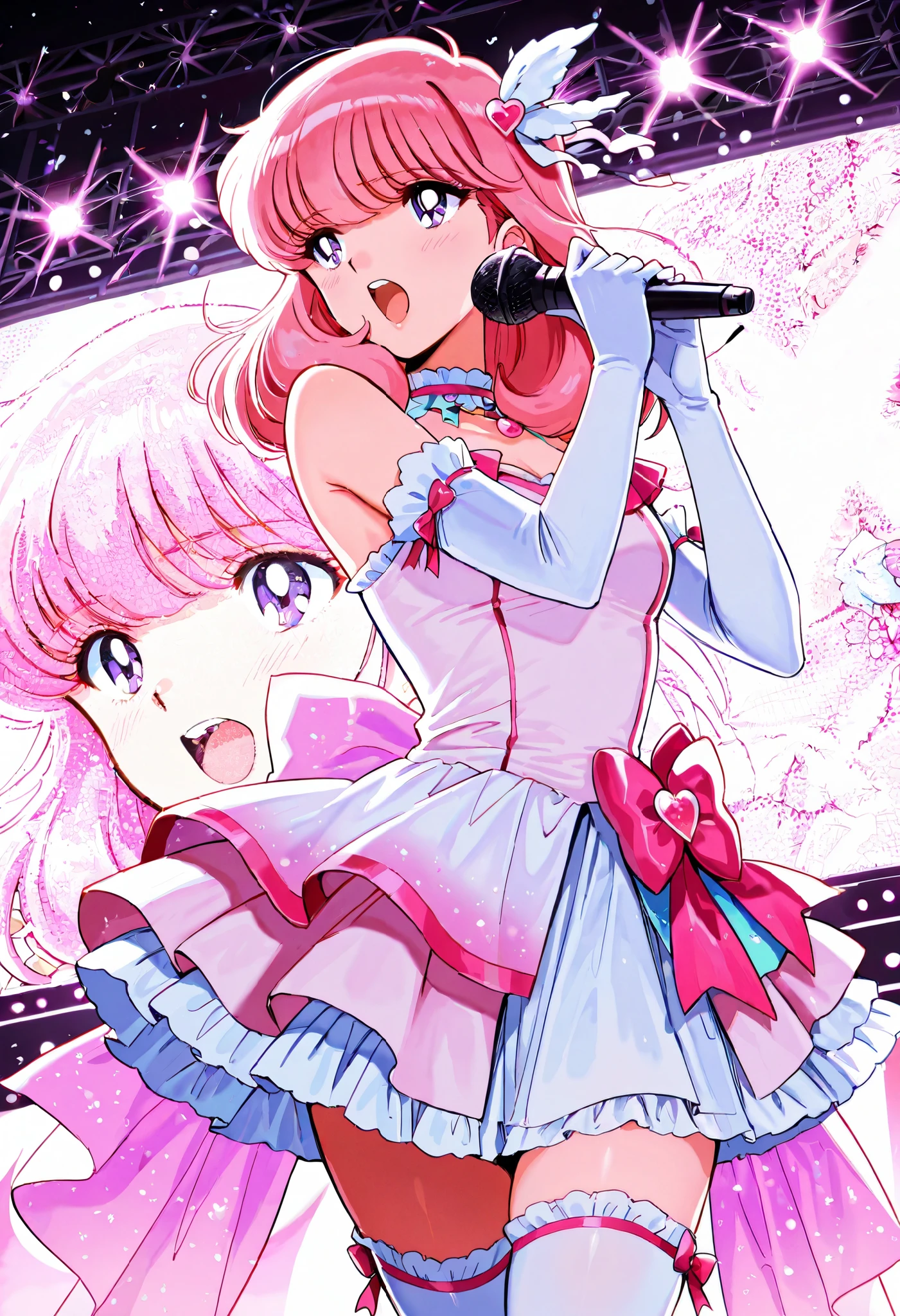 Score_9, score_8_up, score_7_up, source_anime, nakajima_noriko, solo, medium hair, pink hair, purple eyes, (best quality), (high quality), {masterpiece}, extremely delicate and beautiful, ultra-detailed, beautiful detailed eyes, idol, idol costume, pink and white dress, white elbow gloves, white thighhighs, holding microphone, on stage, screen, multi colored light, dynamic pose, singing, open mouth