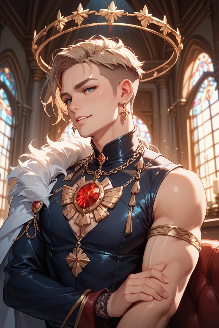 (Masterpiece) 8K resolution, beautiful young man sitting on a throne, emperor, silver hair shining like silk, crimson eyes, neat face, well-formed appearance, earrings with fine work, model style, fantasy style,