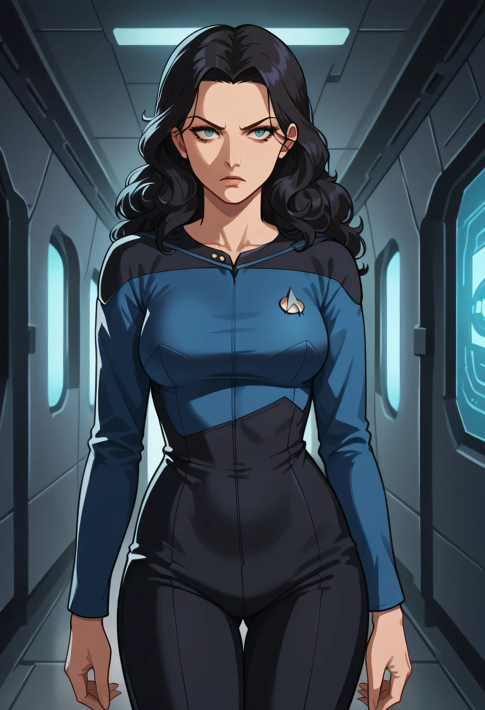 score_9, score_8_up, score_7_up, score_6_up,anime screencap, rating safe, 1girl,black hair,curly hair,mature,serious,solo, upper body,corridor,scifi,metal,spaceship,starship,futuristic,machinery,levers,screens,
sttng1,star trek blue uniform,black shoulders,black pants,collarbone, full BODY, big waist, hourglass body, long hair
,