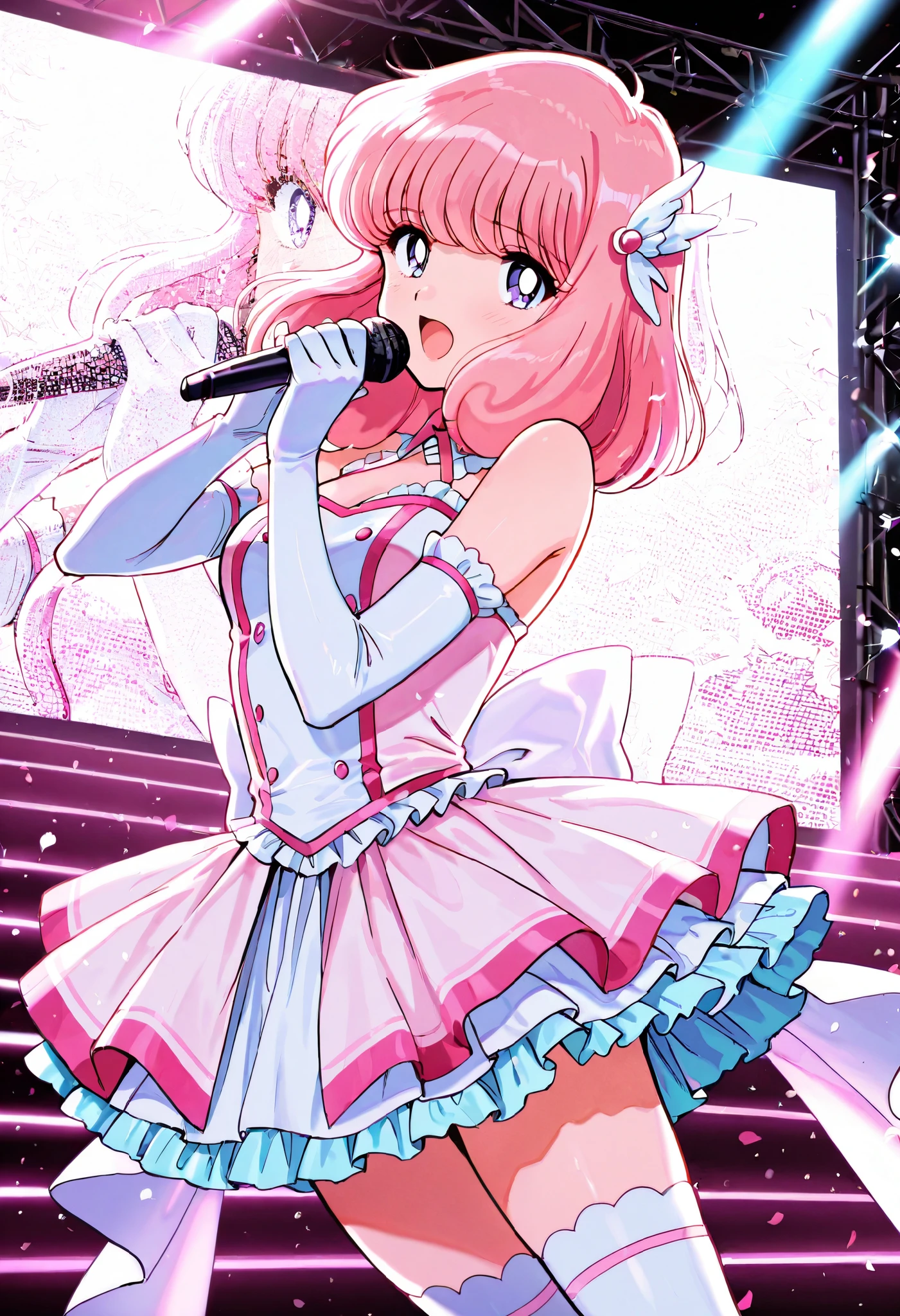 Score_9, score_8_up, score_7_up, source_anime, nakajima_noriko, solo, medium hair, pink hair, purple eyes, (best quality), (high quality), {masterpiece}, extremely delicate and beautiful, ultra-detailed, beautiful detailed eyes, idol, idol costume, pink and white dress, white elbow gloves, white thighhighs, holding microphone, on stage, screen, multi colored light, dynamic pose, singing, open mouth