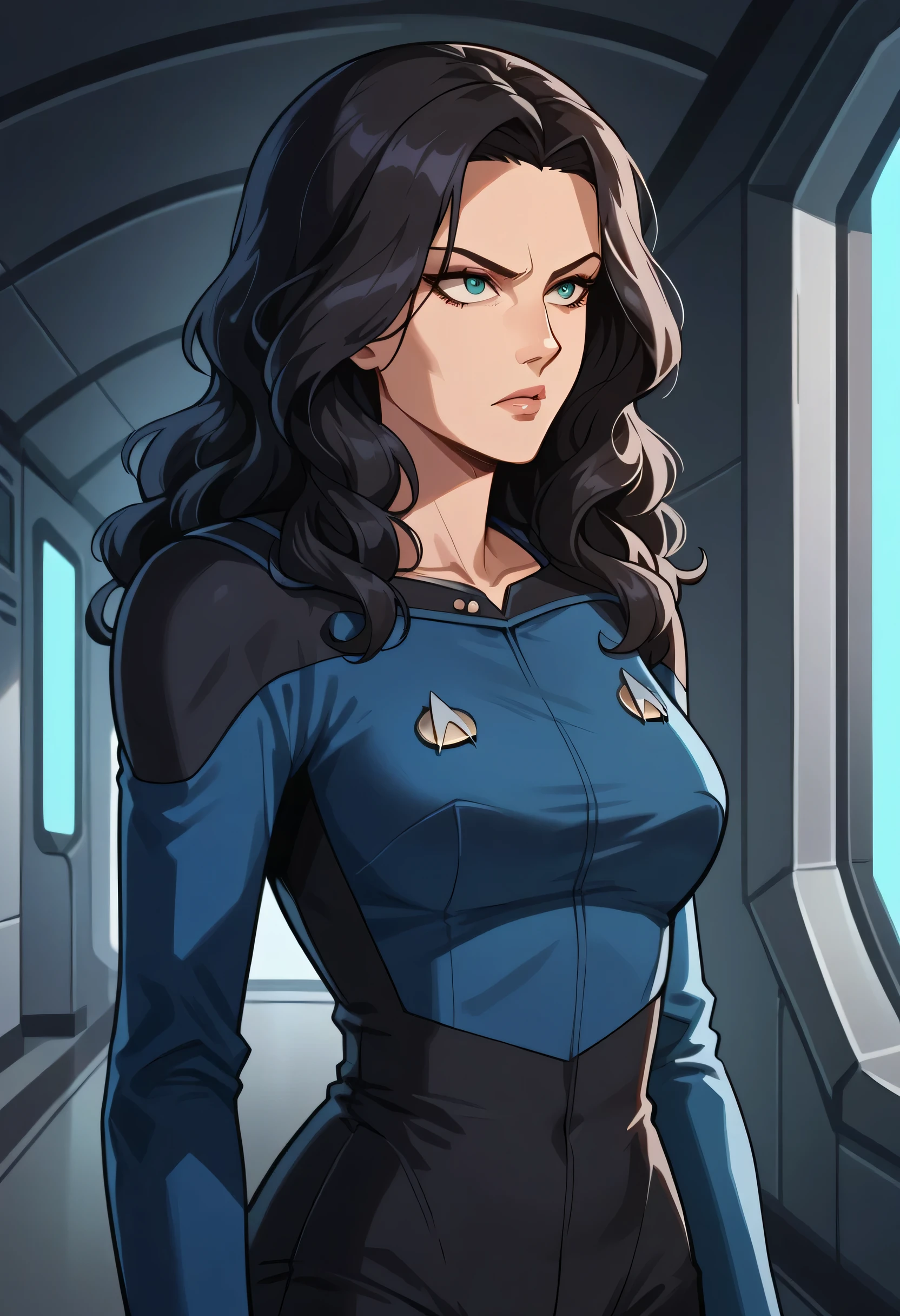 score_9, score_8_up, score_7_up, score_6_up,anime screencap, rating safe, 1girl,black hair,curly hair,mature,serious,solo, upper body,corridor,scifi,metal,spaceship,starship,futuristic,machinery,levers,screens,
sttng1,star trek blue uniform,black shoulders,black pants,collarbone, full BODY, big waist, hourglass body, long hair
,