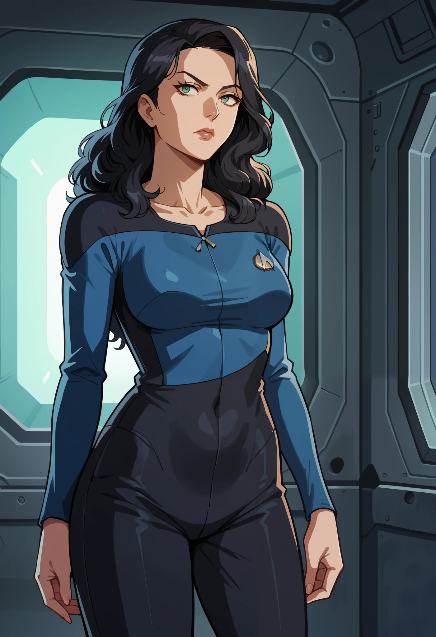 score_9, score_8_up, score_7_up, score_6_up,anime screencap, rating safe, 1girl,black hair,curly hair,mature,serious,solo, upper body,corridor,scifi,metal,spaceship,starship,futuristic,machinery,levers,screens, sttng1,star trek blue uniform,black shoulders,black pants,collarbone, full BODY, big waist, hourglass body, long hair , facing left
