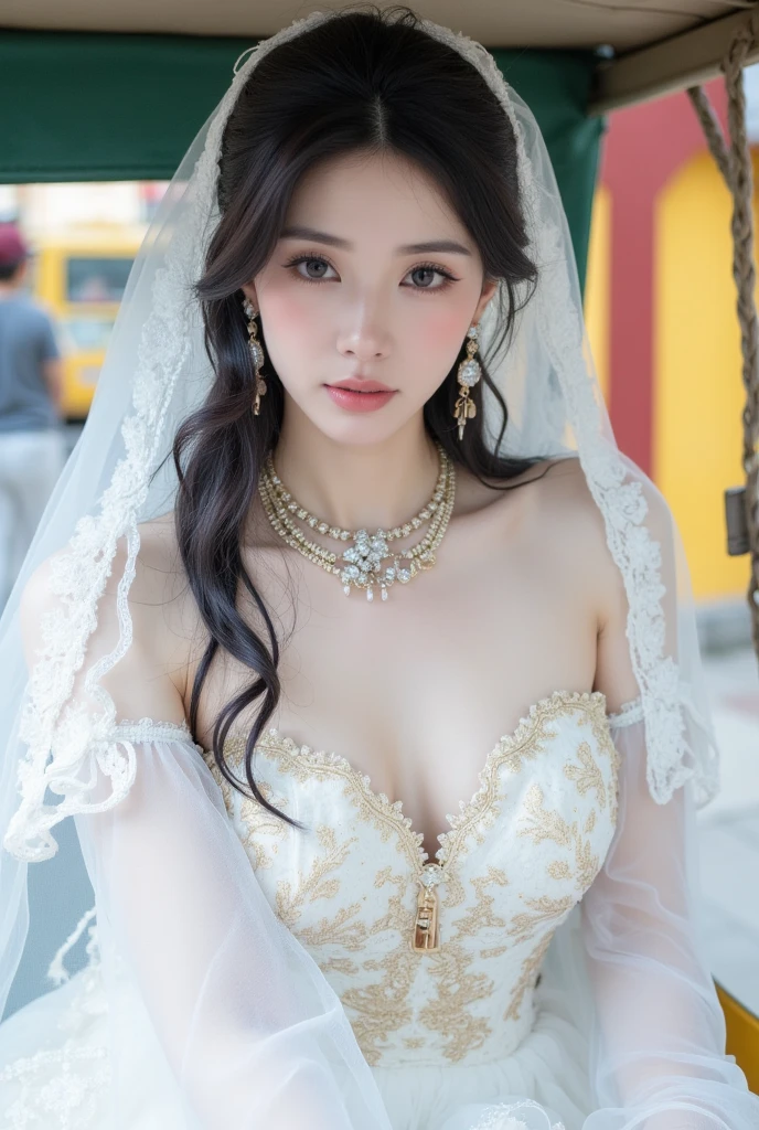 high quality、High resolution、masterpiece、sharp focus、realistic、photo-realistic、RAW photo、cinematic lighting、Photorealistic portrait of stunningly beautiful woman、slight smile、brown eyes、Natural textures、rich colors、ultra realistic texture、cowboy shot、Chignon's hairstyle、short black hair、glowing skin、light smile、(Small breasts:1.1)、Off-the-shoulder white wedding dress、Snow White Veil、choker、silver tiara、necklace、earrings、highly detailed face、fine eyes、looking at the viewer、Luxurious rooms in the palace、focus on face、detailed hand drawn、Detailed chest depiction, sexy belly