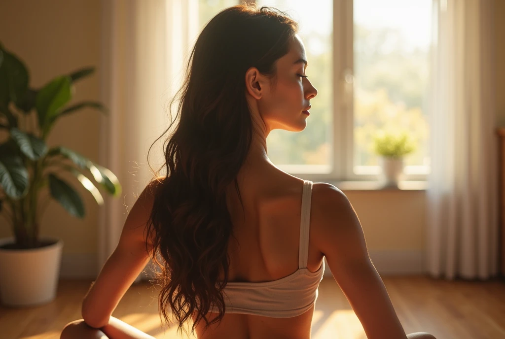 A stylish fashion model named Maia Laurent, doing yoga near a window with soft morning light streaming in. She is wearing comfortable yoga attire, and the scene is bright and peaceful, with a glimpse of a healthy breakfast set on a table nearby. The background shows a cozy, well-decorated room with plants and minimalistic decor. Maia has a serene and focused expression, capturing the essence of a perfect morning routine.