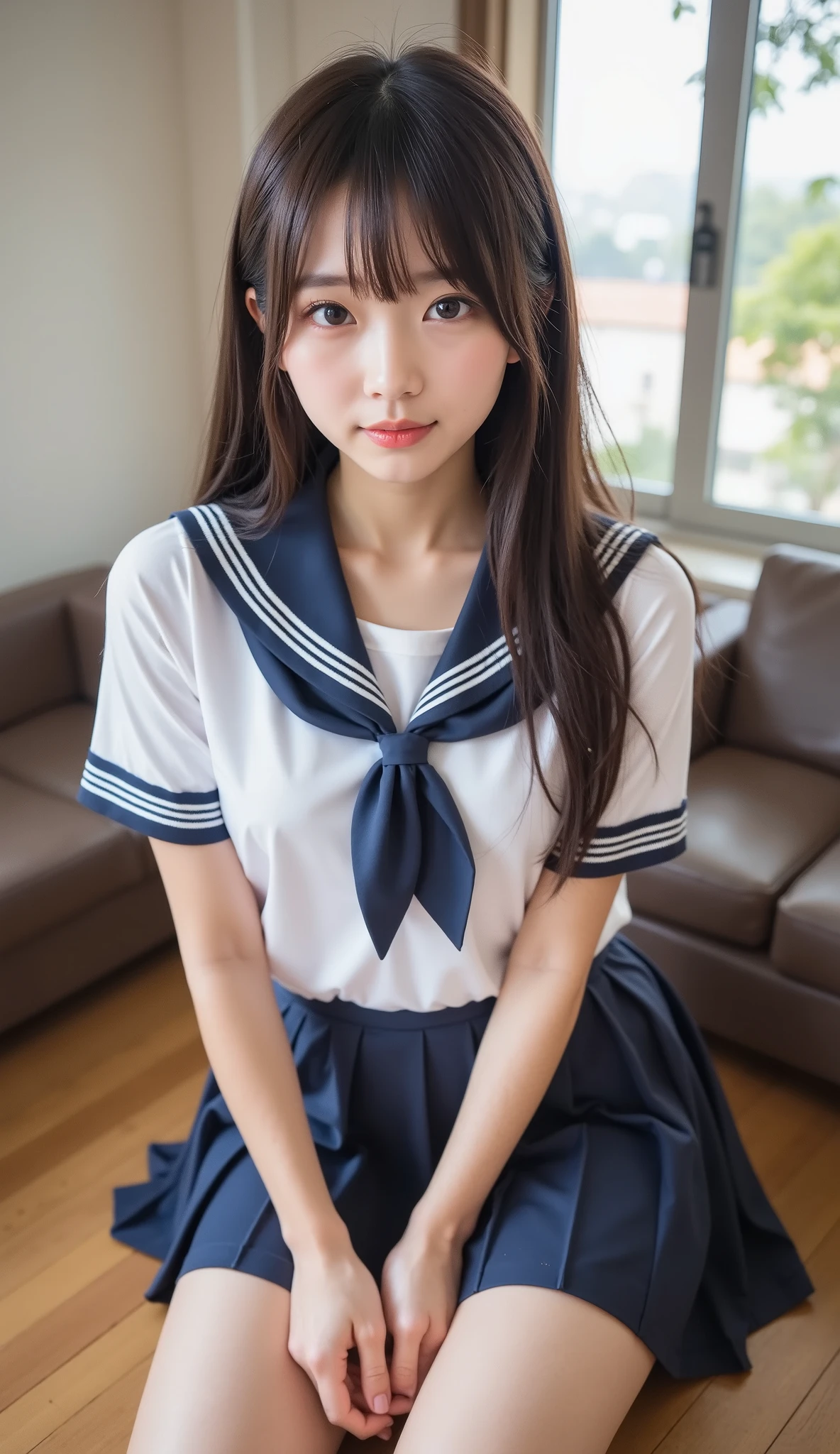 (((nsfw)))、 Japanese、KAWAII、Western-style room , perfect body, double eyelids, sit against the wall, crouching,white pantie, I'm wearing black knee socks , cheap sailor suit, Japanese Language School Uniforms, 、 upskirt、 low angle shot 、( Between the thighs 、 Sisters、HIGH SEXUAL DESIRE 、 longing to have sex )、 young, thin and surprisingly cute gravure idol , twin tails 、 school uniforms、 wearing a dark blue pleated skirt 、 highlight buttocks 、 oily skin 、 navy sailor color 、 ((( The panties are see-through and、)))、 loafers、 Realistic Atmosphere, cute girl,face,baby e 、 too cute small breasts 、 too cute butt、 middle school sparent panties)))、((the panties are wet、You can see the other side))、