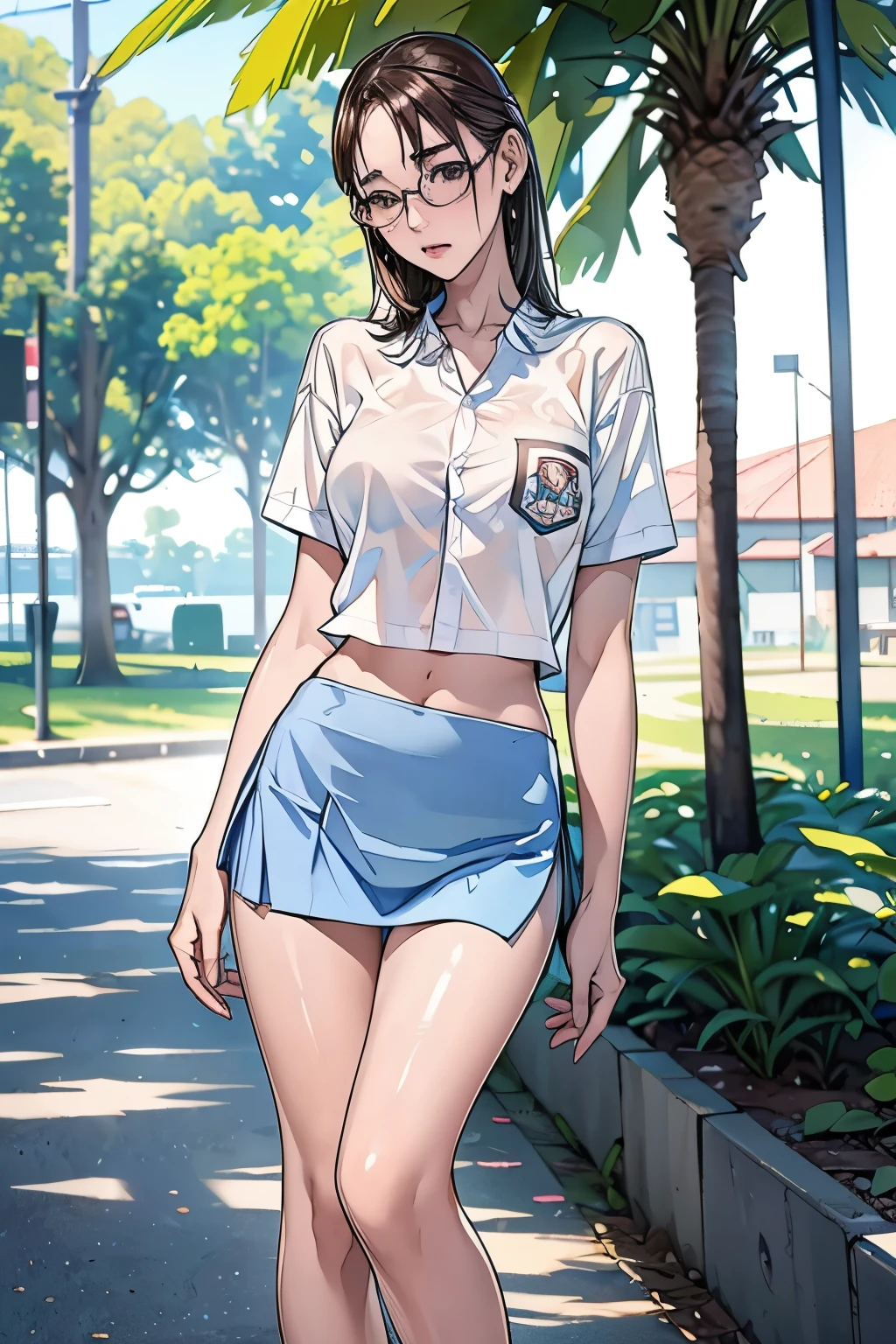 18 years old girl, (((at park))), (transparent white shirt), (mini skirt:1.6), (pastel blue skirt), RAW photo, (photorealistic:1.37, realistic), highly detailed CG unified 8K wallpapers, 1girl, ((slender body:1)), (small breasts:1.3), looking at viewer, ((straight from front)), (HQ skin:1.2), (clean skin:1.2), 8k uhd, dslr, soft lighting, high quality, film grain, Fujifilm XT3, (full body:0.8) , tokyolagii , (bold glasses), full body in, perfect body, two legs, long legs, naval, (wide waist:1.2), (big tigh:1.3), crop top, oversized, (cleavage:0.7), sad, blushing