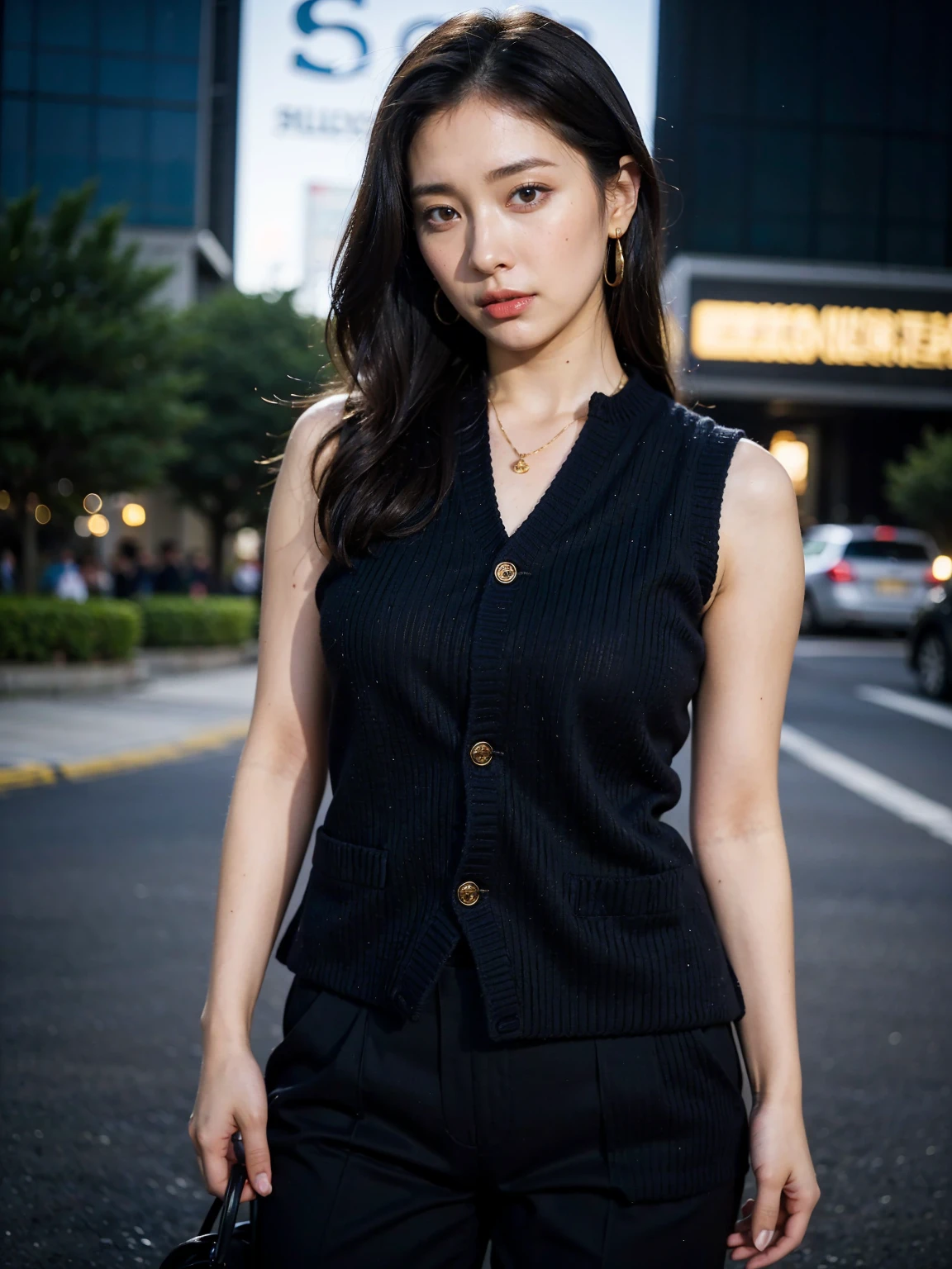 (shoulder length straight short black hair:1.2),((((8k))),(Extremely meticulous CG) ,(wallpaper),16k,(Extremely refined and beautiful），（Masterpiece），（best qualtiy：1.0），（Ultra High Resolution：1.0），beautiful light up，Perfect lightning，realistic shaded，[A high resolution],(Smooth and flawless fair skin:1.5),Extremely exquisite facial details,(perfect body：1.1),ultra - detailed,A beautiful girl,small head,(very short ponytail:1.2),(Small breasts:1.1),Flat chests，slim，thin，Smile，cheerfulness,(long thick Black down vest:1.5),(white sweater:1.4),(black pants:1.3),(black boots:1.2),slender legs,(nightfall:1.5),Sunset light,(Surrounded by a crowded crowd:1.5),At the school gate,standing,(close-up of full body:1.0),from front
